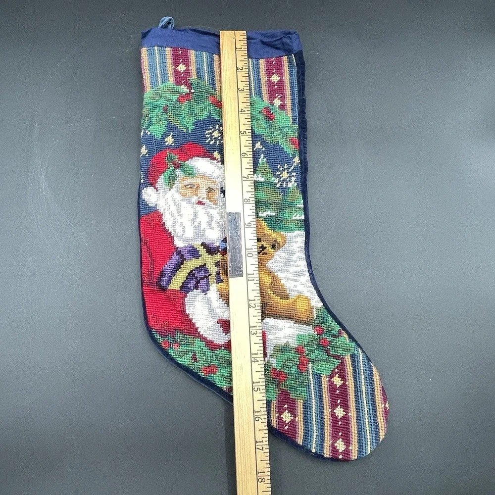 Vintage Needlepoint Christmas Stocking‎ Santa Teddy Bear Velvet Back 17.5